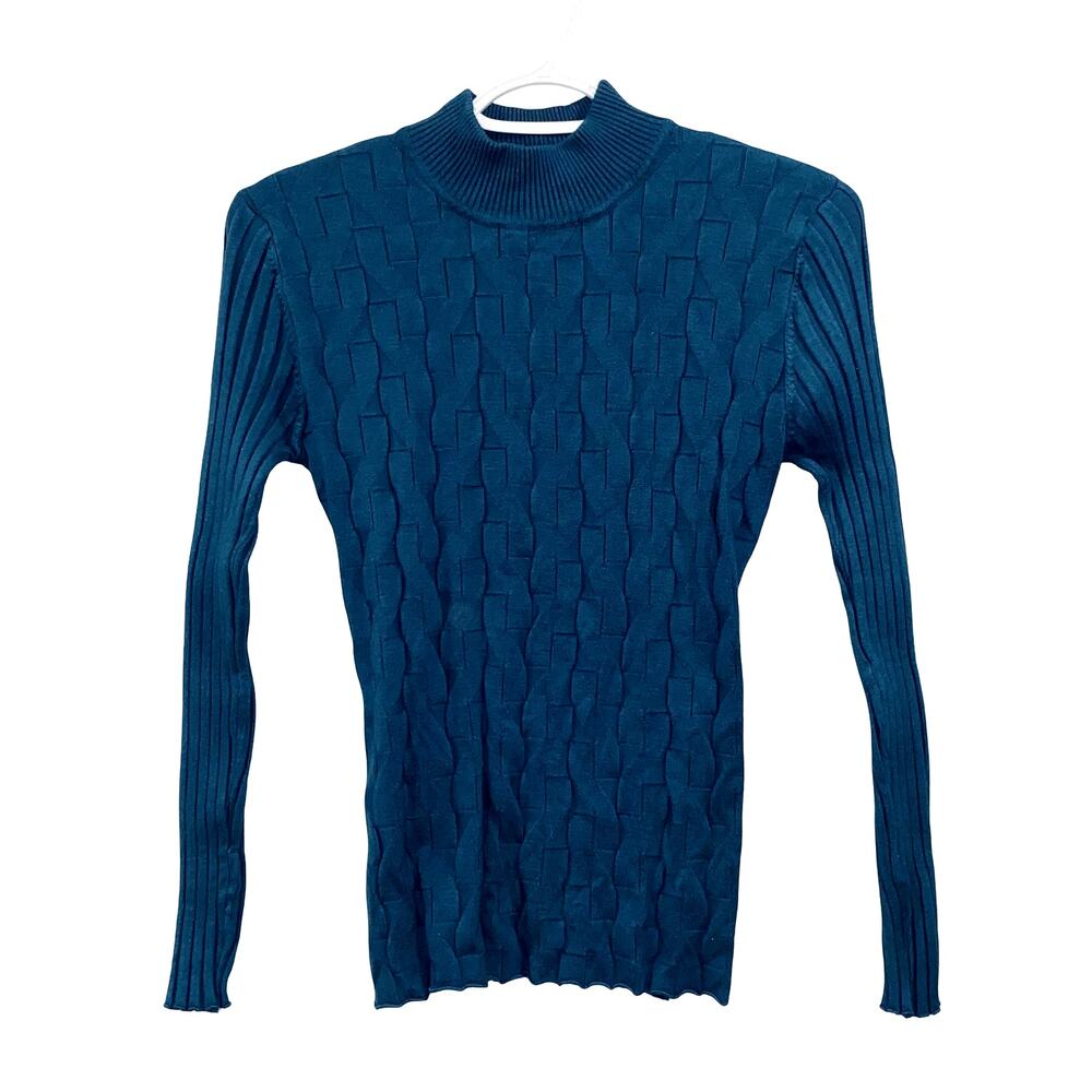 VEX Collection Mock Neck Fitted Cable Knit Sweater Teal Blue Size M